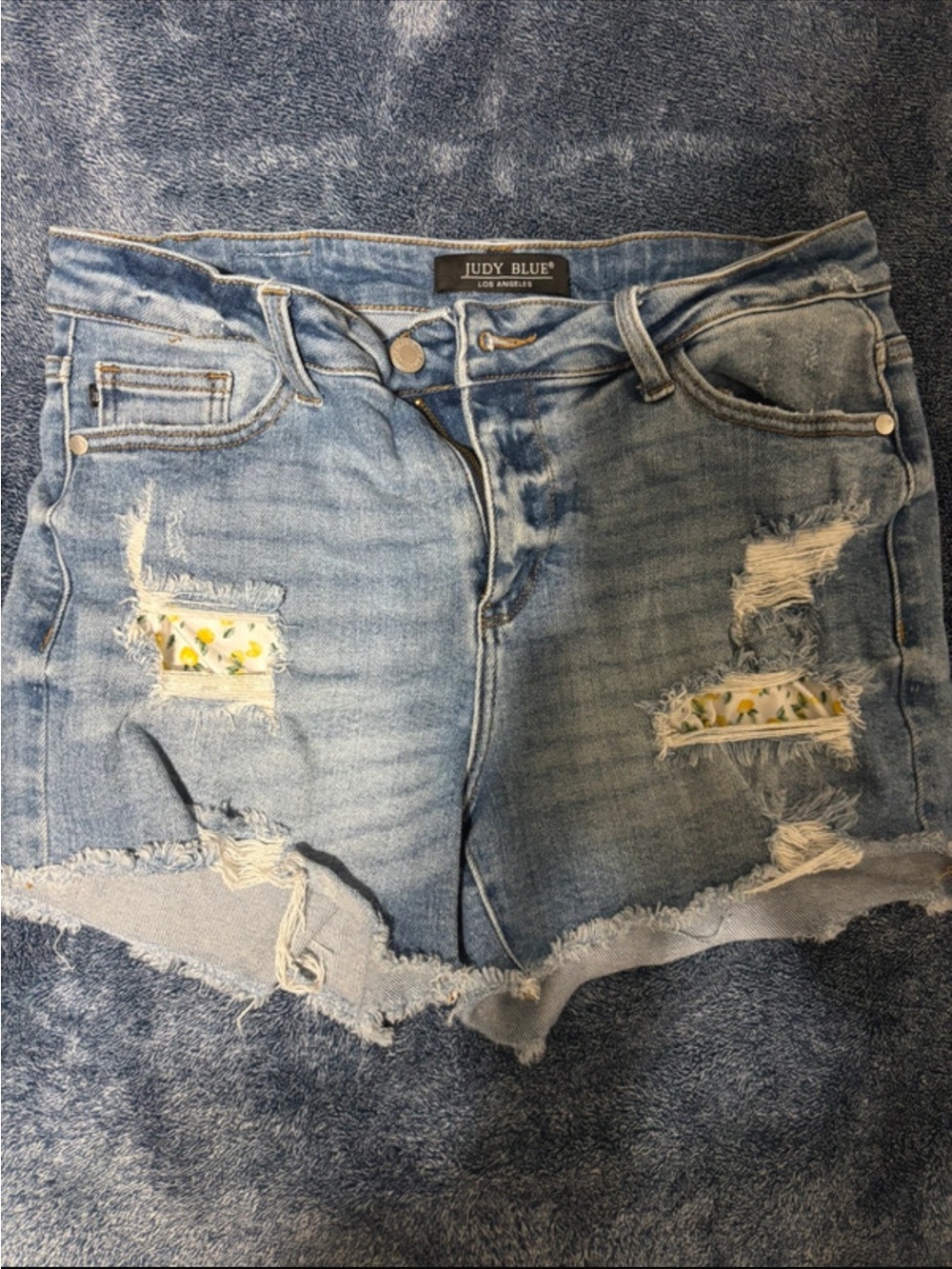 Judy Blue Medium Light Blue Distressed Denim Shorts with Lemon Patch